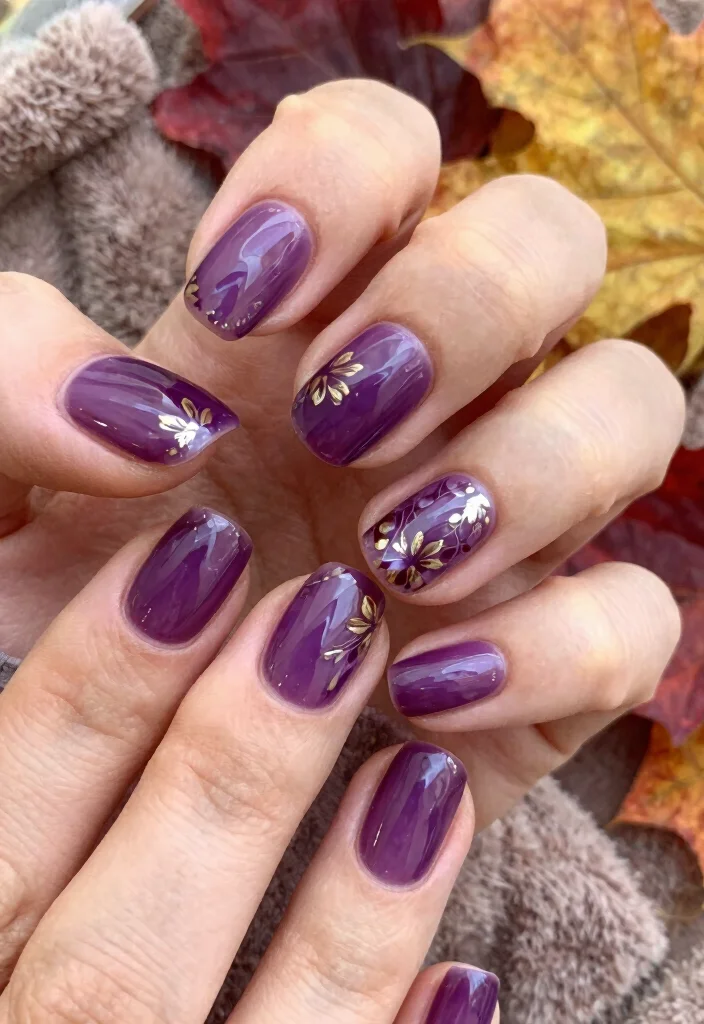 Medium purple nails with gold botanical leaf accents