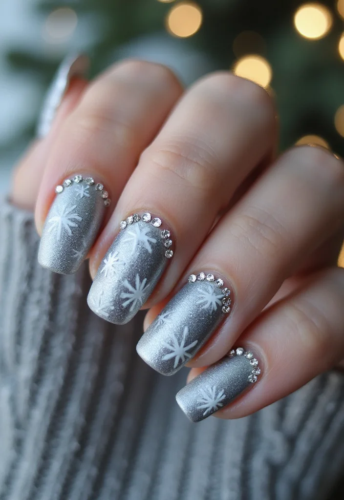 Silver chrome nails with delicate snowflake nail art