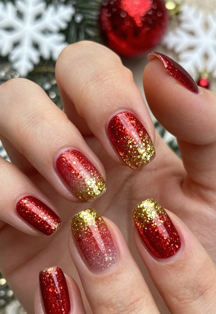 Red-to-gold glitter ombre nails photographed against Christmas ornaments