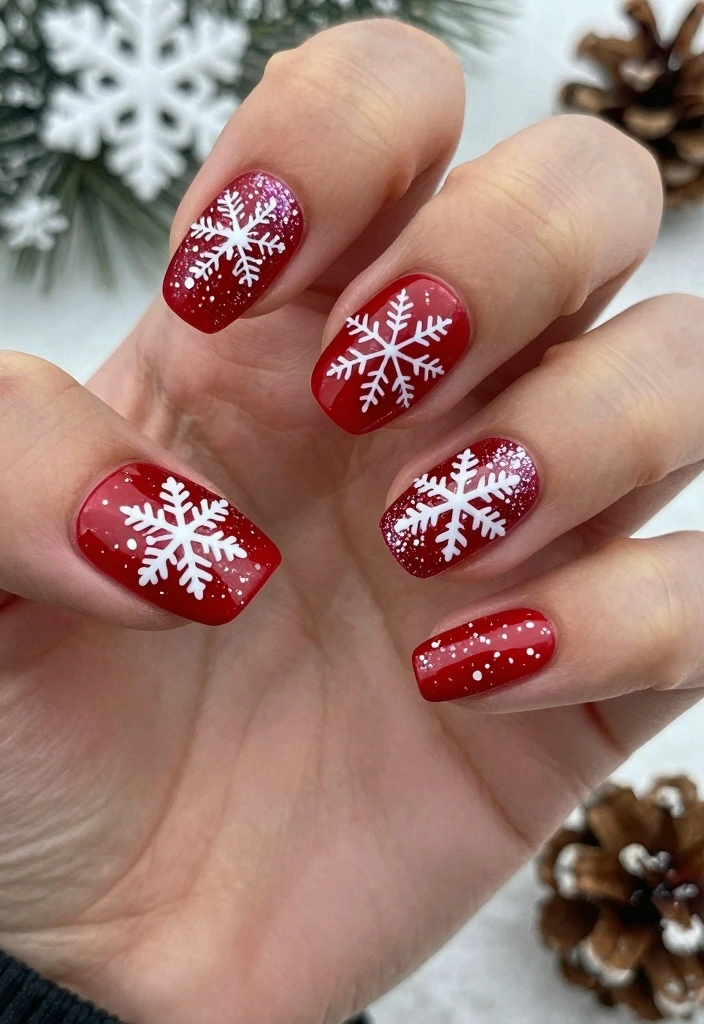 Red Christmas manicure with delicate white snowflake nail art