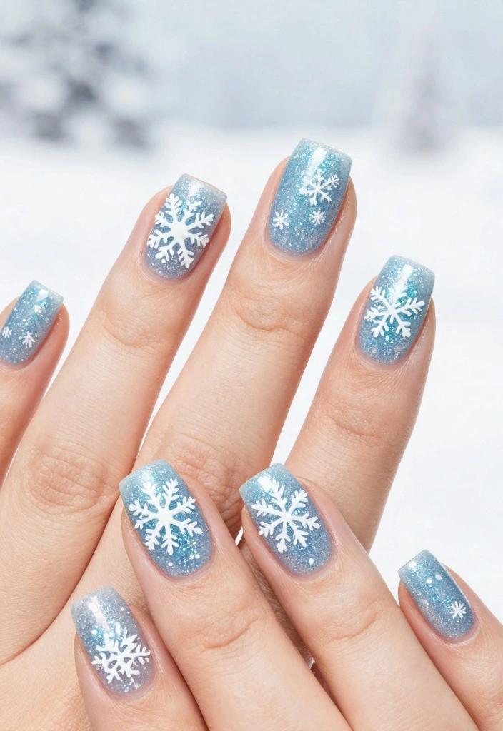 Frosted periwinkle blue square nails with white snowflake art
