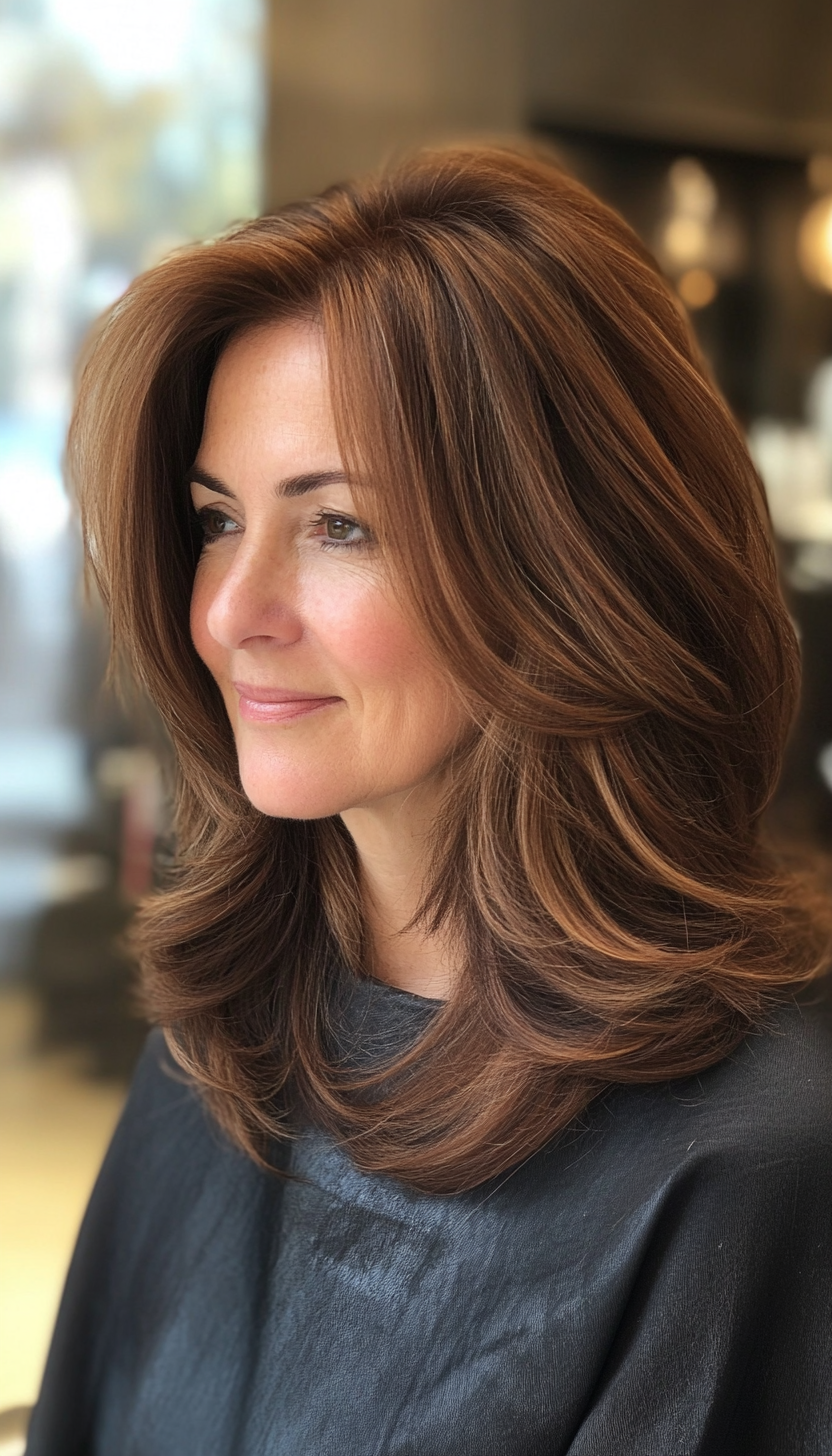 Shoulder-length layered hair in cinnamon brown