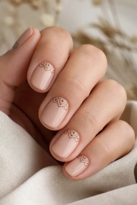 Short mocha brown nails with a tiny dot nail art overlay