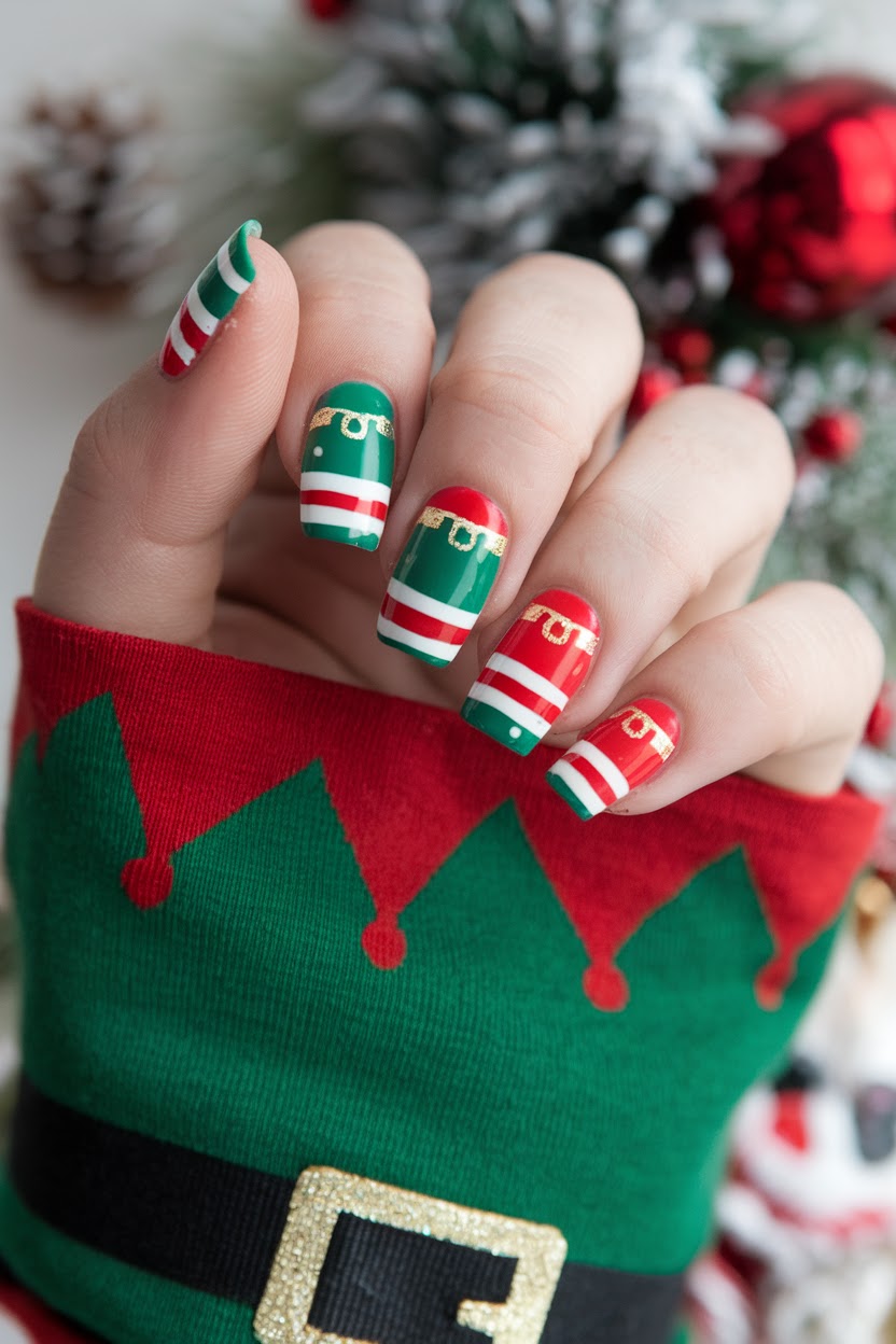 Green kids nails with red and white elf-inspired striped nail art
