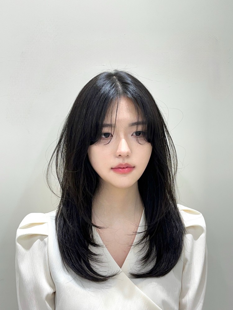 Long dark hair with soft curtain bangs parted in the middle