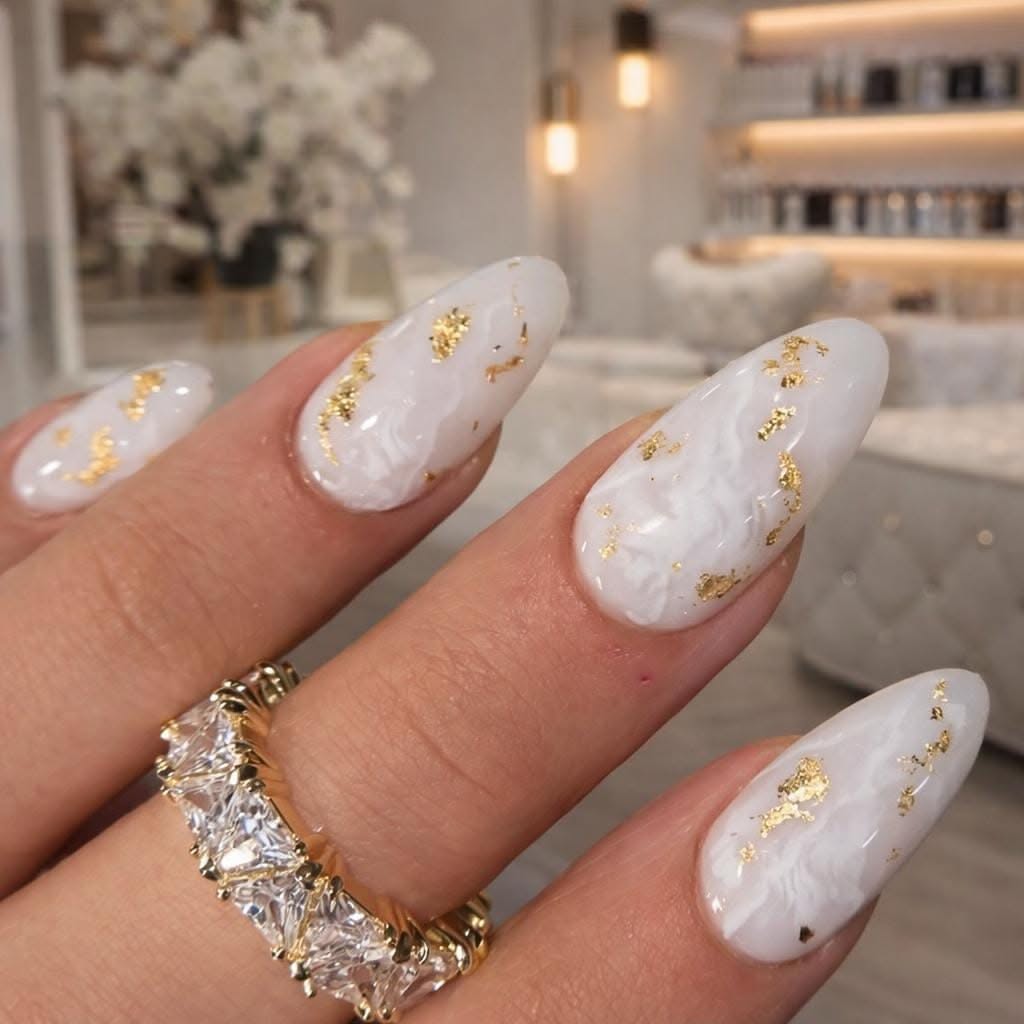 White marble nails accented with delicate gold leaf flakes
