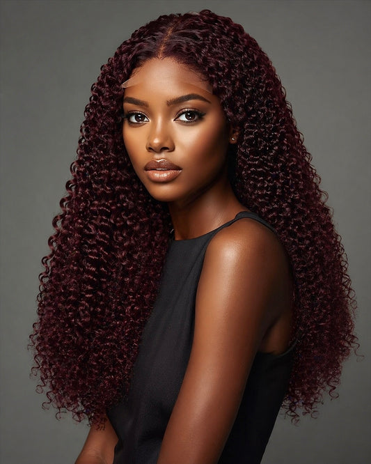 Burgundy wine ombre curly hair with dark roots
