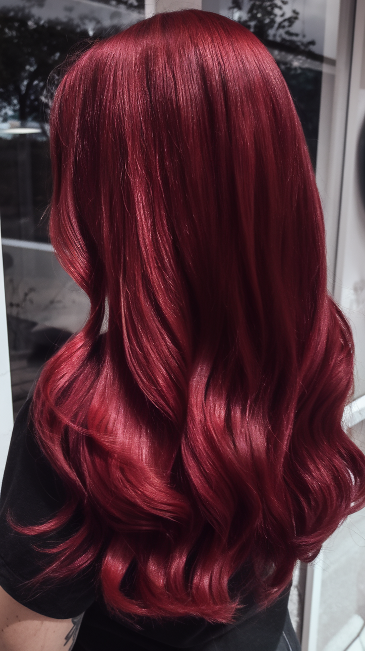 Long wavy vivid raspberry-red hair with glossy shine