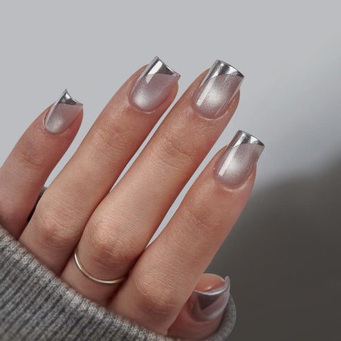 Silver cat eye French tip nails on short square nails