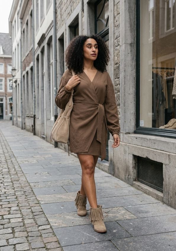 Woman on a city street in a cognac wrap dress and beige suede fringe ankle boots