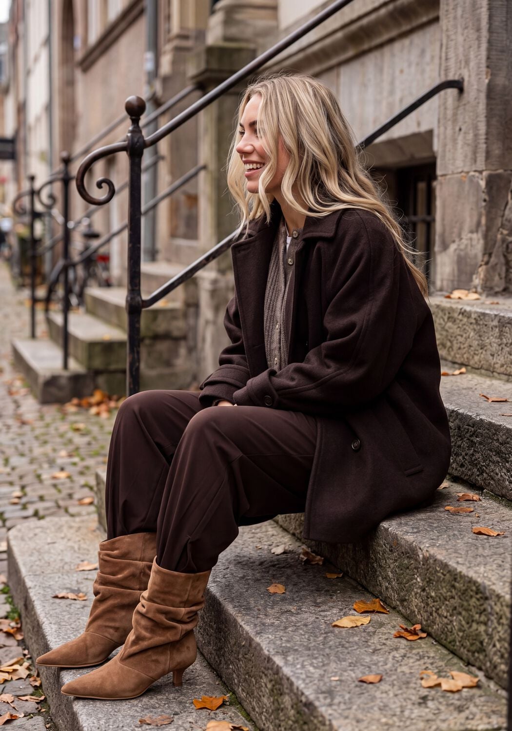 Woman seated on steps wearing a dark brown oversized coat and slouchy tan suede ankle boots