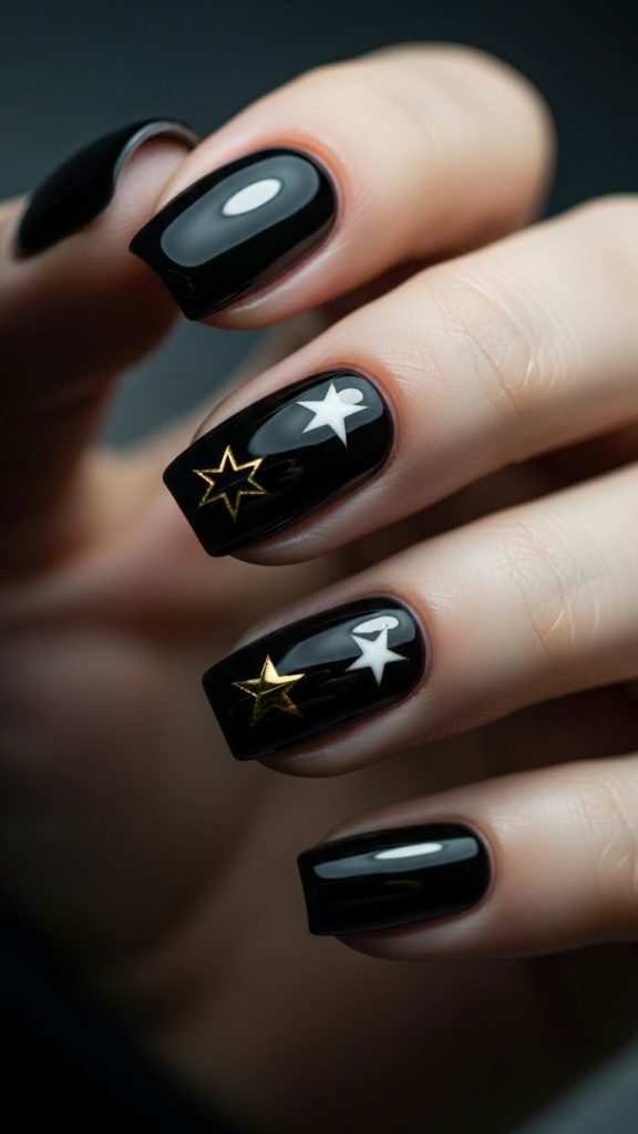 Glossy black square nails with gold and white star nail art