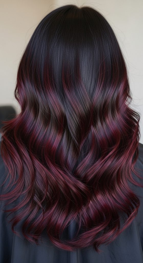 Black-to-wine burgundy ombre melt on long wavy hair, back view