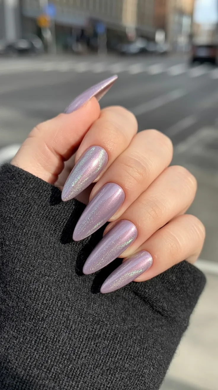 Frosted lilac cat eye nails with soft shimmer