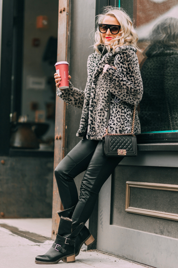 Leopard coat styled with leather leggings