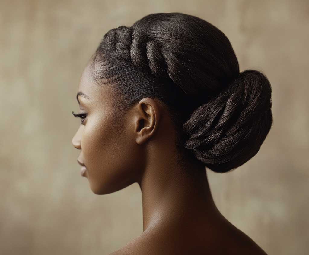 Two-strand twists gathered into a textured crown bun