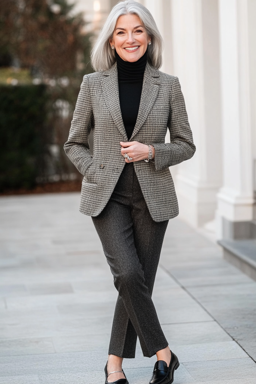 Mature woman wearing a black merino polo neck with houndstooth trousers