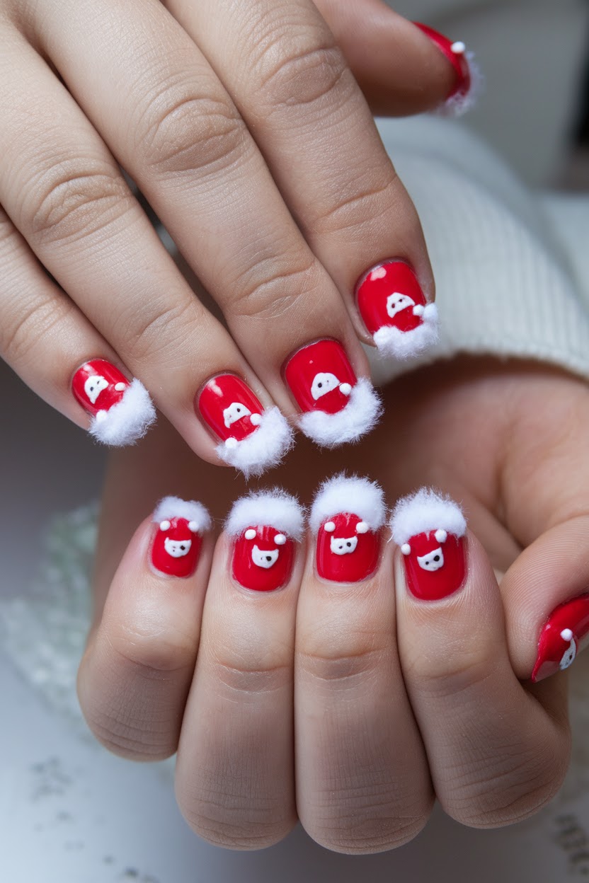 Red kids nails with white Santa hat nail art and pom-pom dots