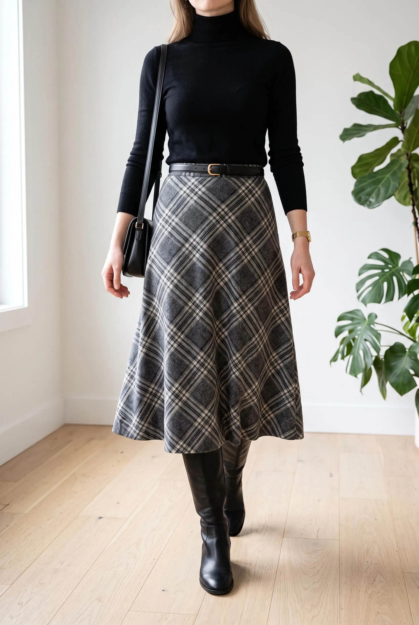 Black turtleneck with a grey plaid A-line midi skirt and black knee-high boots