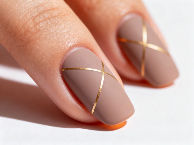 Matte taupe nails with thin gold crisscross lines