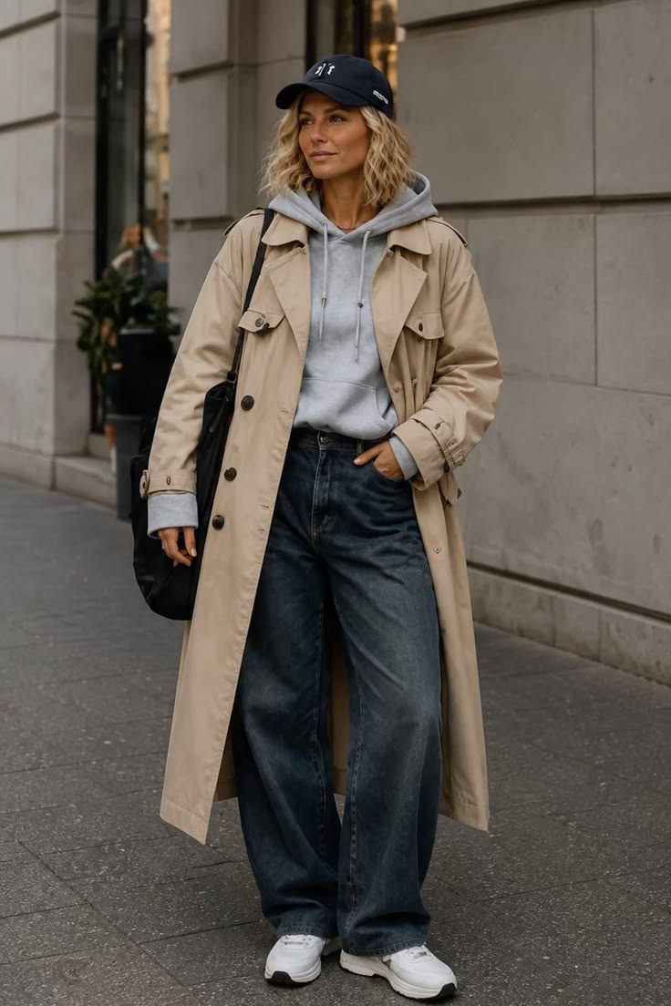 Woman wearing a belted beige trench coat over a grey hoodie with white sneakers casual winter outfit