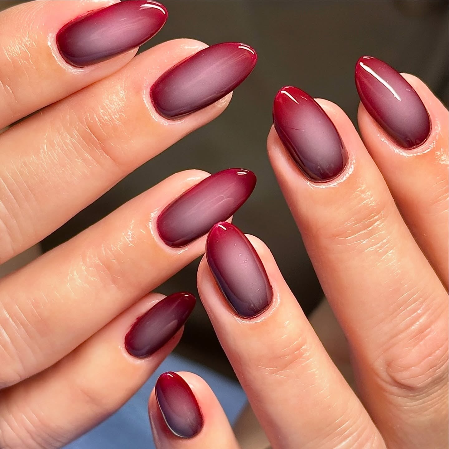Wine Velvet Ombré: a red-to-dark velvet gradient on almond nails