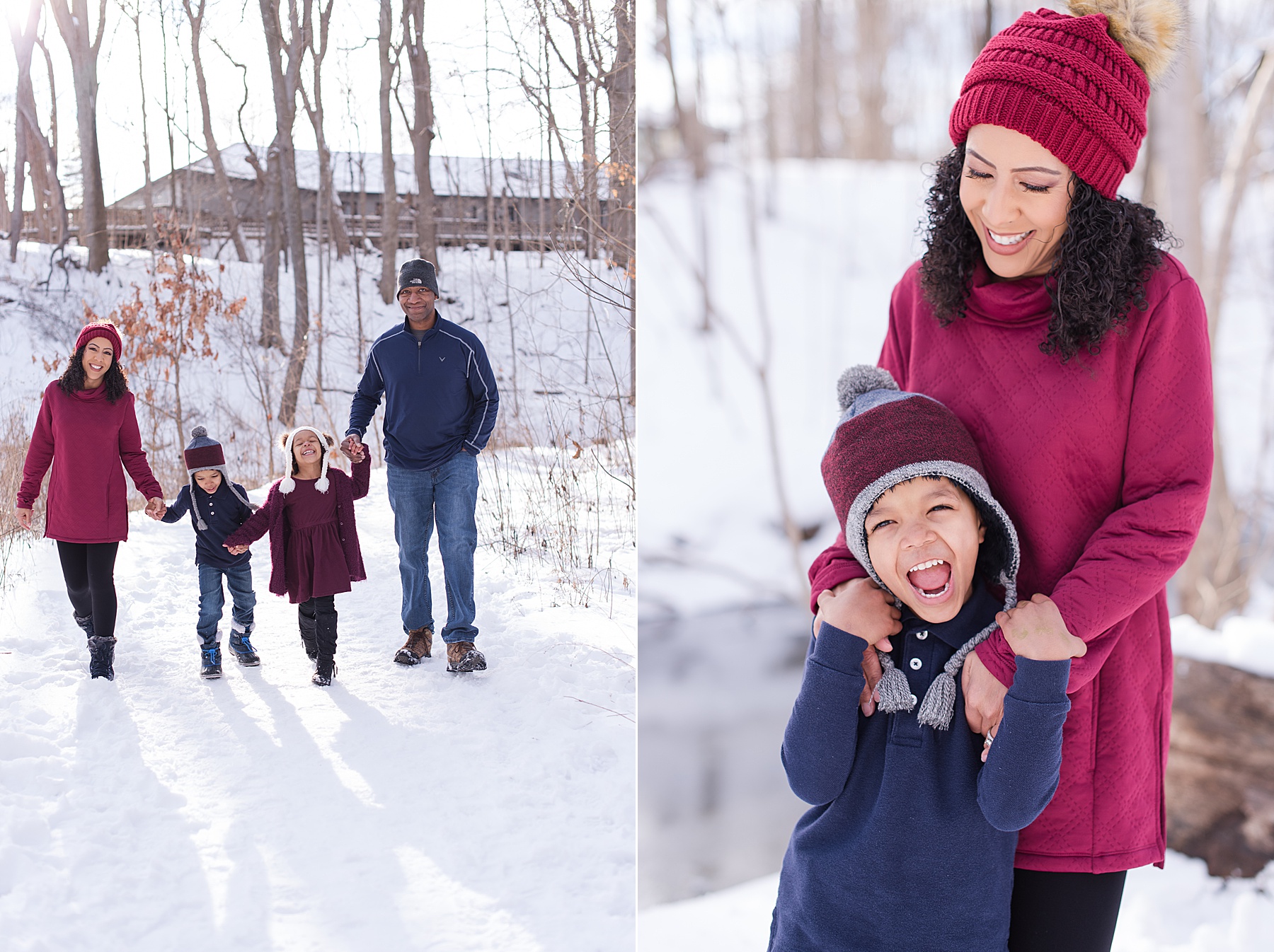 Family in navy peacoats for a winter family photo