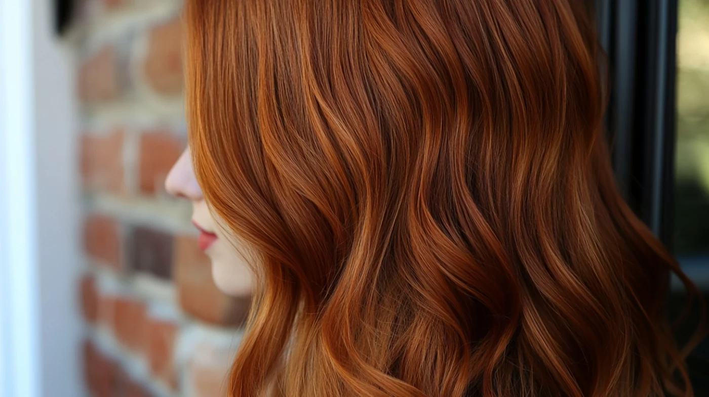 Medium-length wavy terracotta red hair, side view