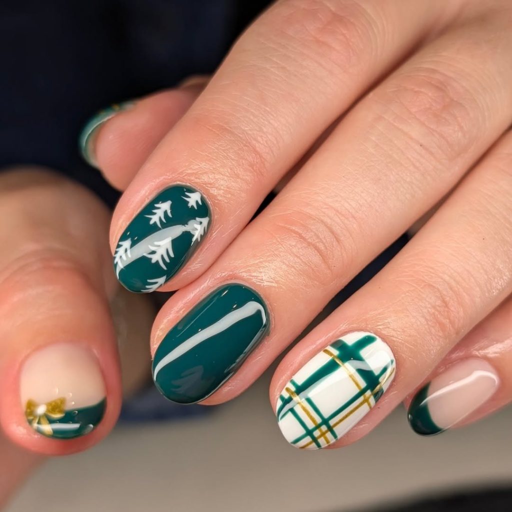 Forest green nails with gold plaid accent nail art