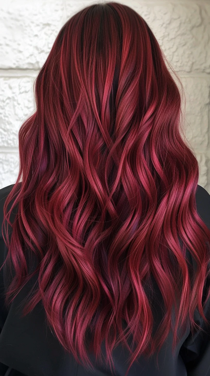 Long wavy deep cherry red hair with dark roots, back view