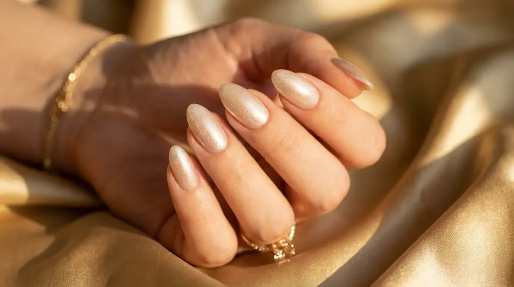 Almond nails with sheer champagne shimmer polish