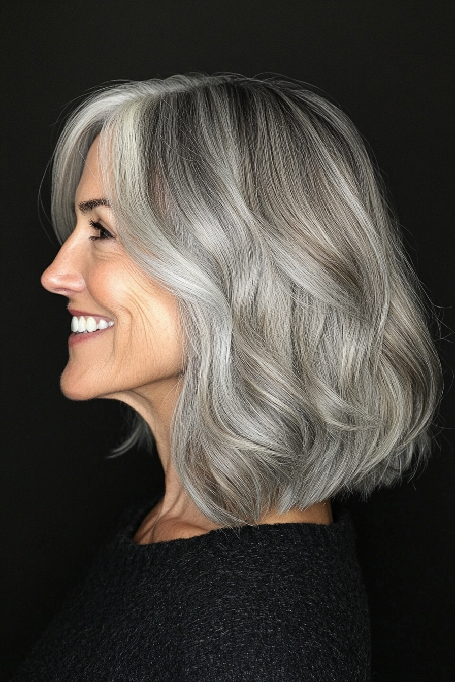 Older woman with an ash-gray wavy lob at collarbone length