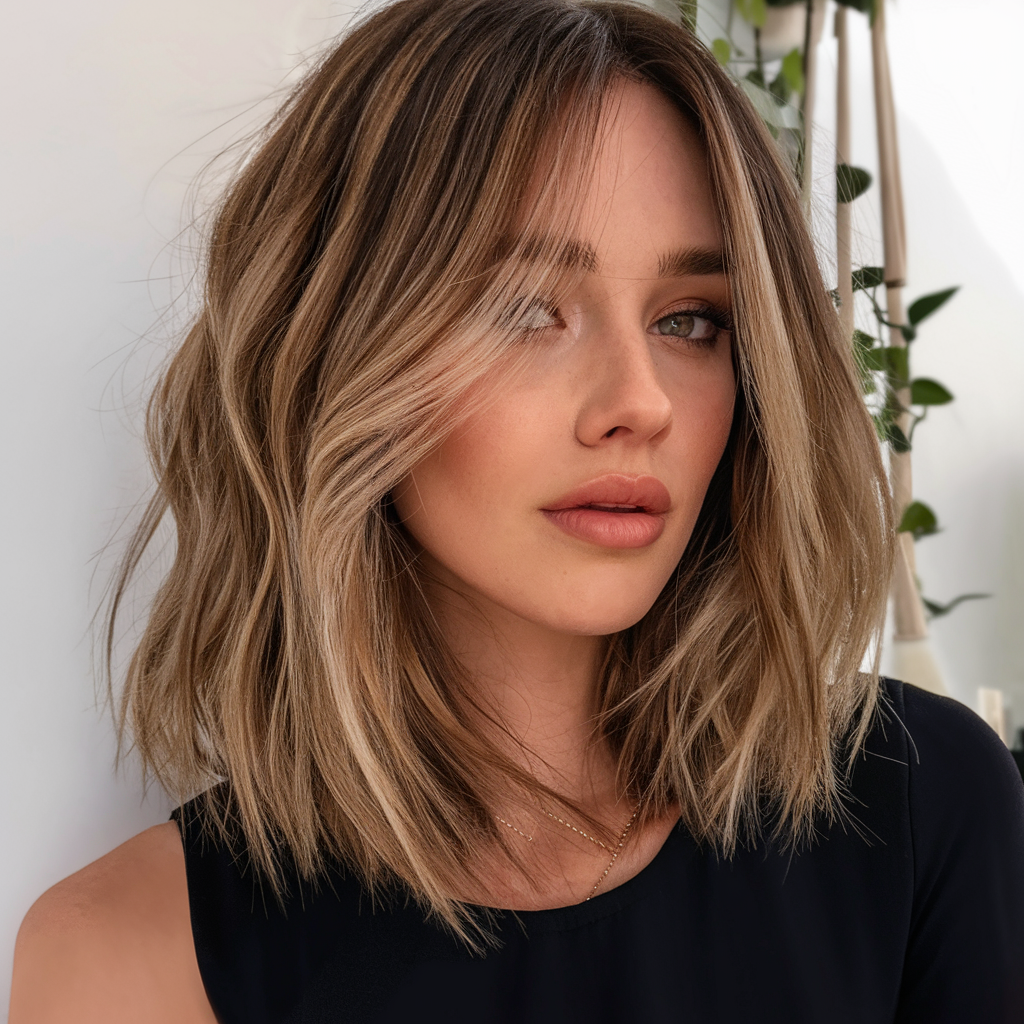 Wavy lob with a soft curtain fringe and caramel highlights