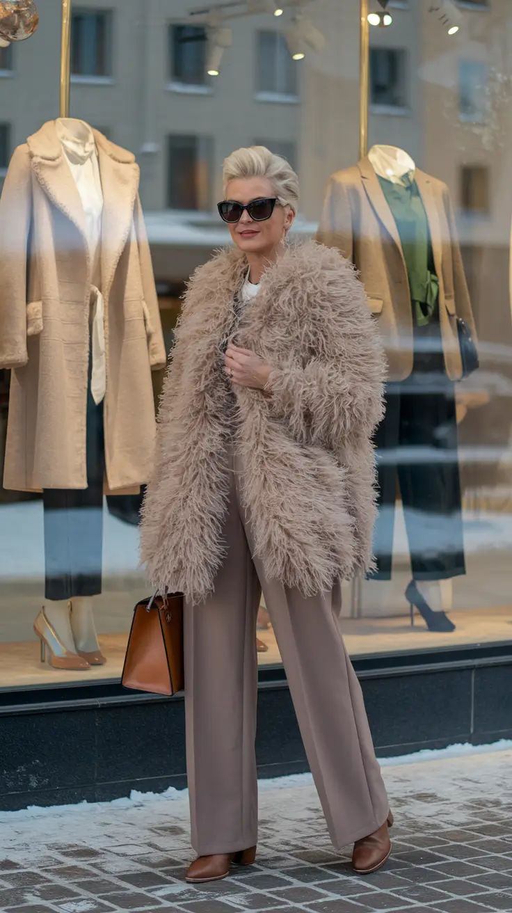 Woman in taupe shaggy faux fur coat with wide-leg taupe trousers