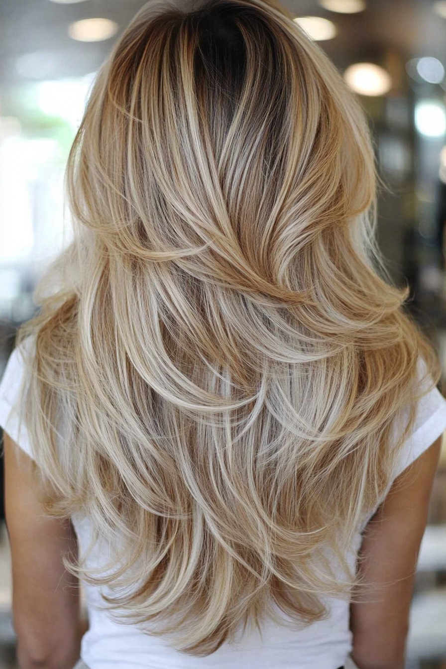 Golden blonde balayage on long layered hair