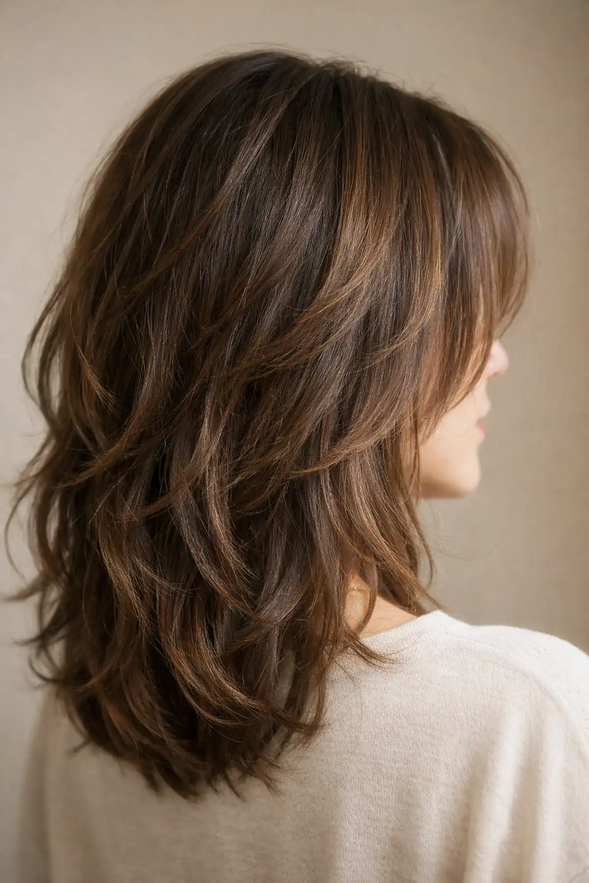 Shoulder-length layered espresso brown hair with soft airy texture
