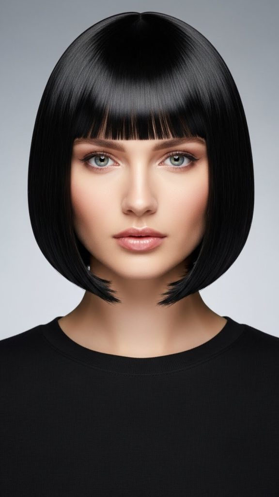 Sleek glass bob hairstyle with glossy polished finish