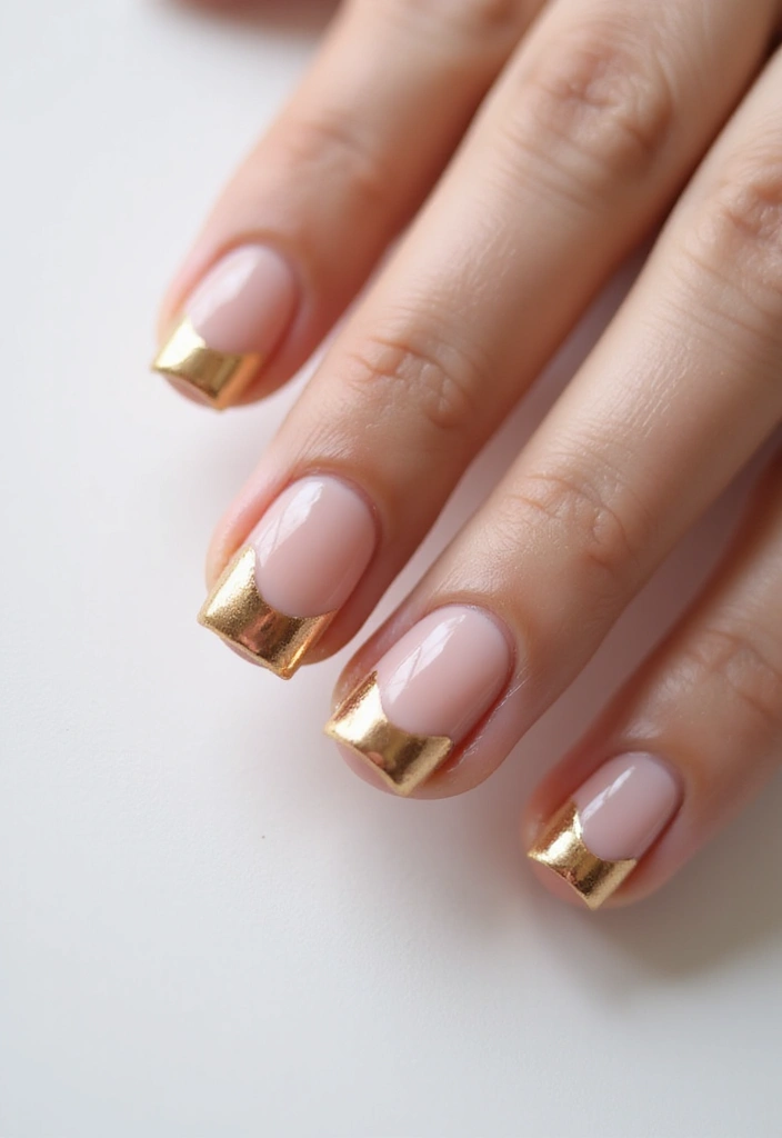 Short squoval nude nails with metallic gold French tips