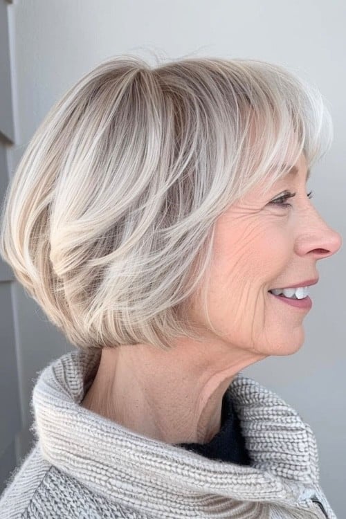 Layered ash blonde bob with feathered ends on an older woman