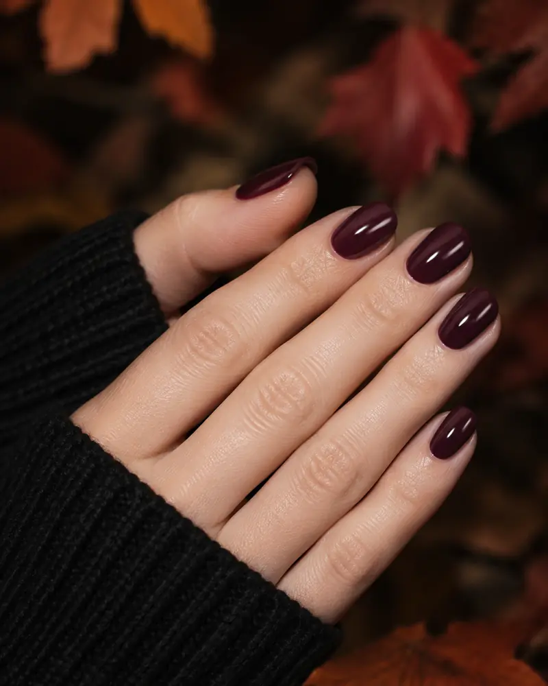 Deep burgundy wine gloss nail polish on oval nails, autumn leaves backdrop