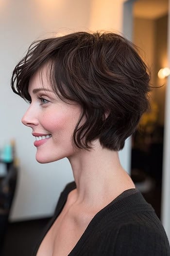Dark brown textured bixie haircut with piecey fringe