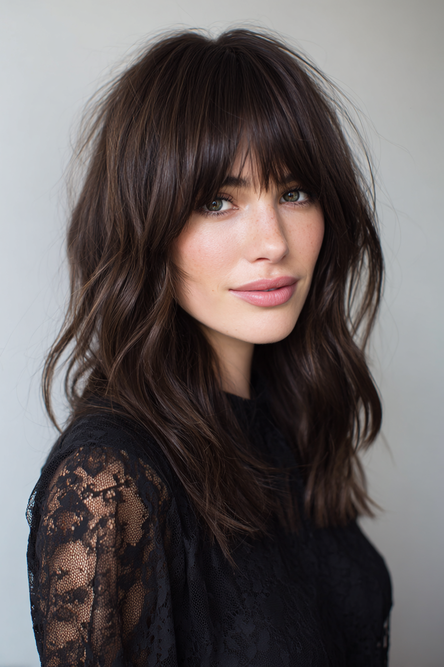 Dark ash brown shag with full bangs and flipped layers