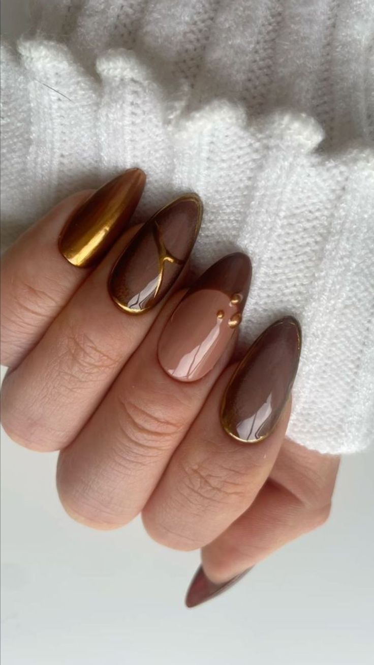 Espresso brown gel nails with gold foil accents