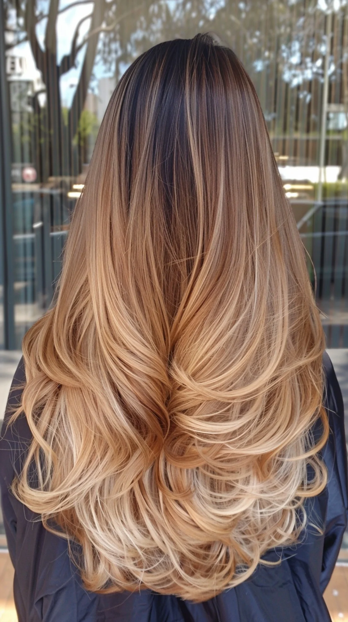 Bouncy layered caramel blonde hair with deep golden lowlights, back view