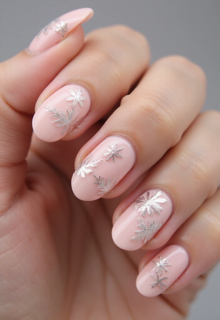 Blush pink nails with silver snowflake seasonal nail art