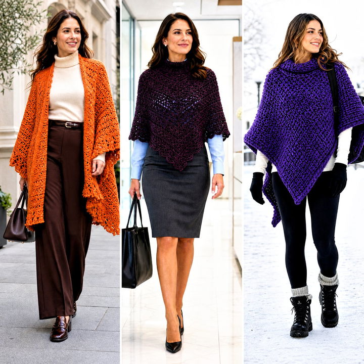 Woman wearing a crochet poncho over a turtleneck with skinny jeans