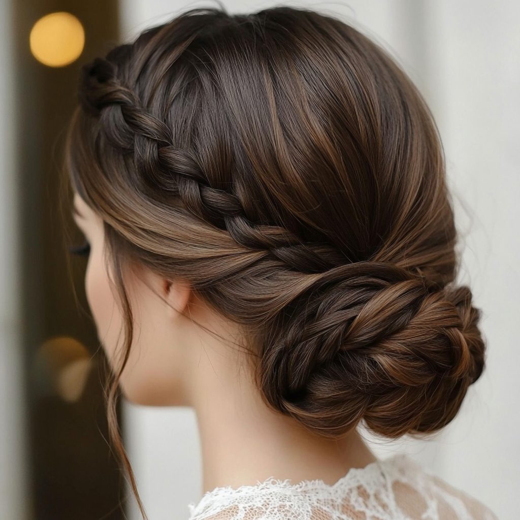 Back view of a low braided bun with a side braid detail