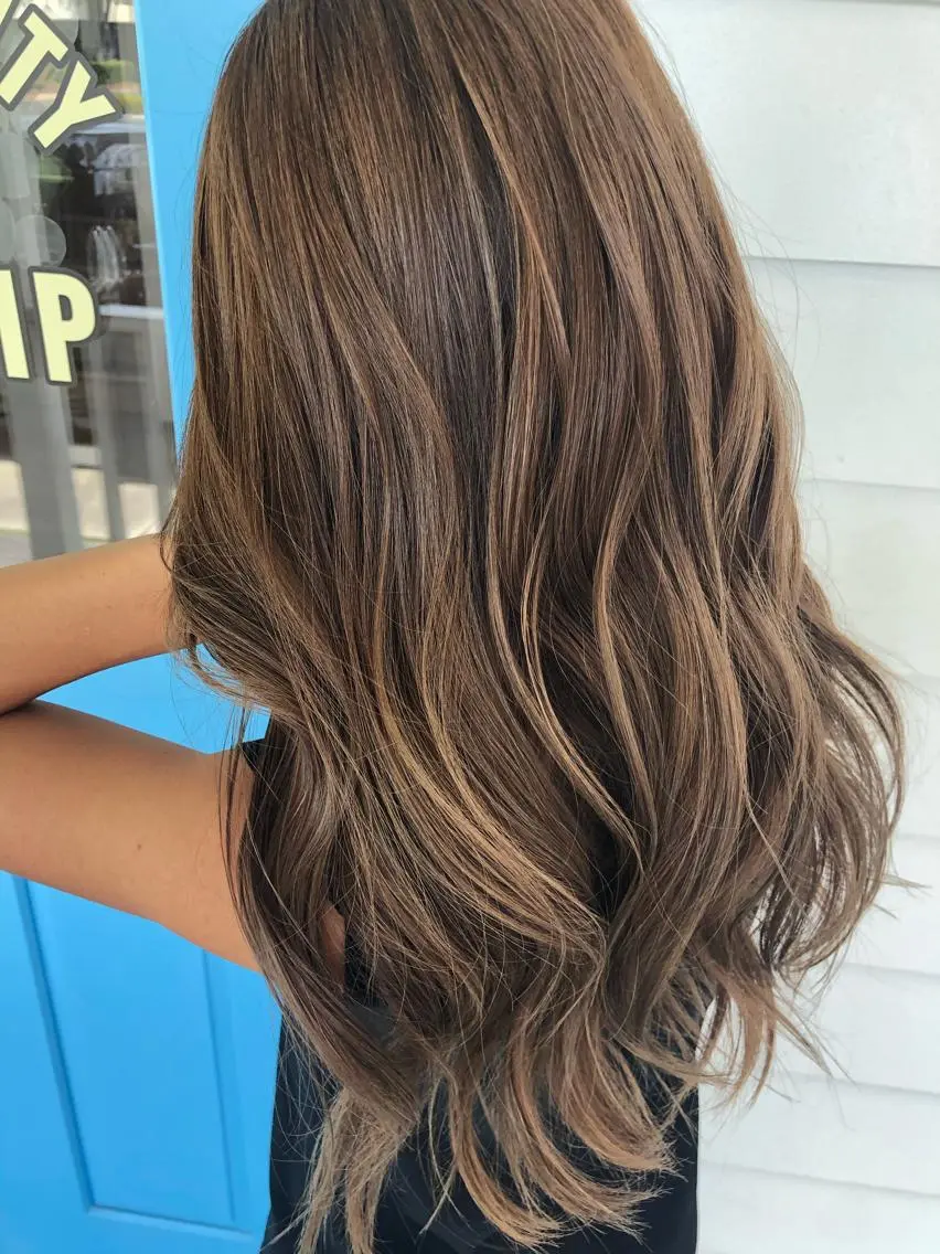 Long brown hair with subtle caramel highlights