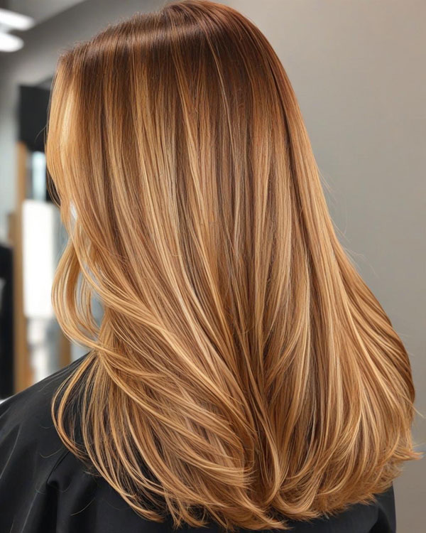 Back view of long layered wavy hair with cinnamon-brown mid-lengths melting into copper-gold ends