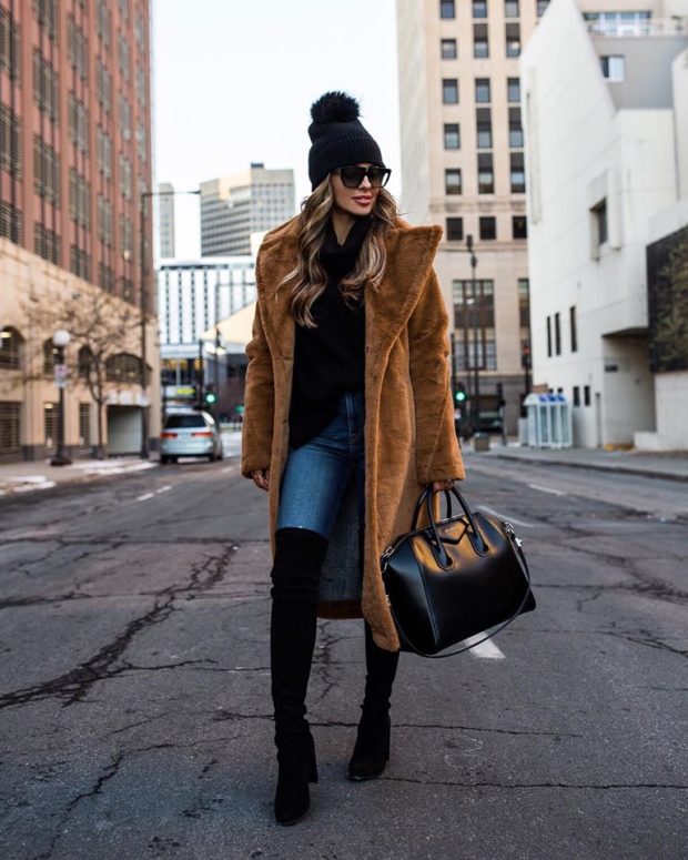 Woman wearing a teddy coat with wide-leg trousers in winter